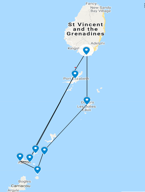 Map of 8 day 7 night St Vincent Grenadines Sailing Itinerary